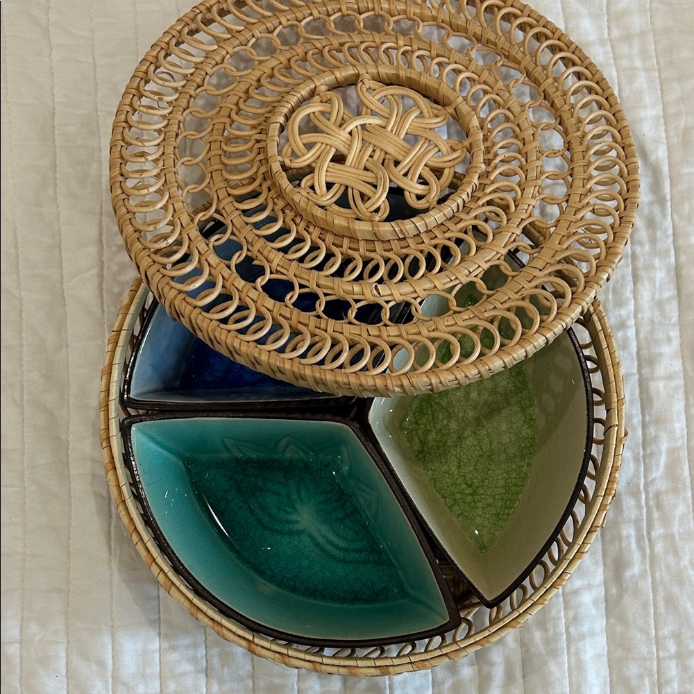Woven Basket with Ceramic Dishes